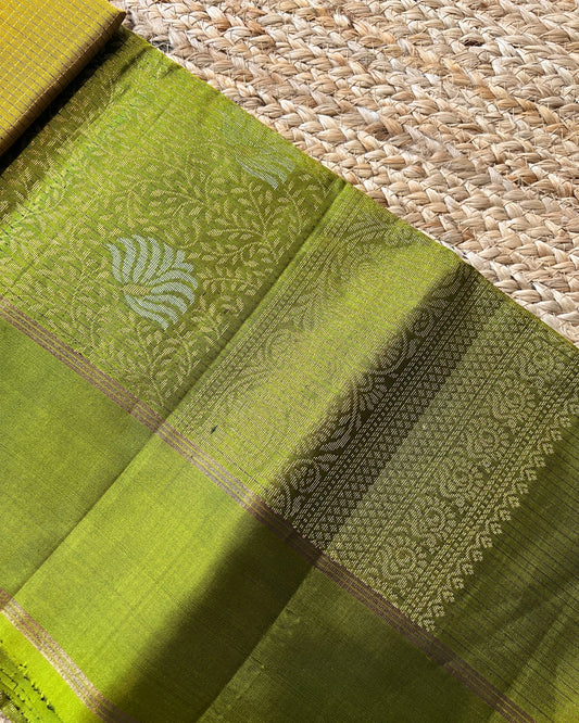 Mustard Yellow Kanchi Pattu Saree with Green Border