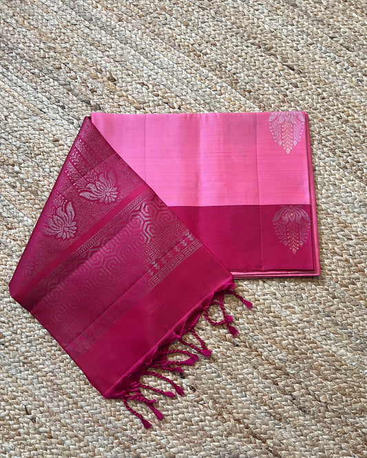 Pink Kanchi Pattu with contrast border