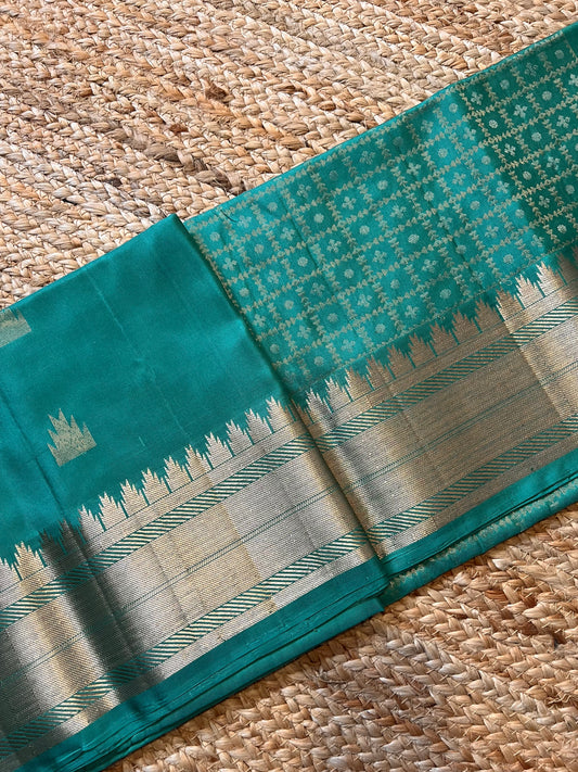 Teal Blue Kanchi Pattu Saree with Temple Butis