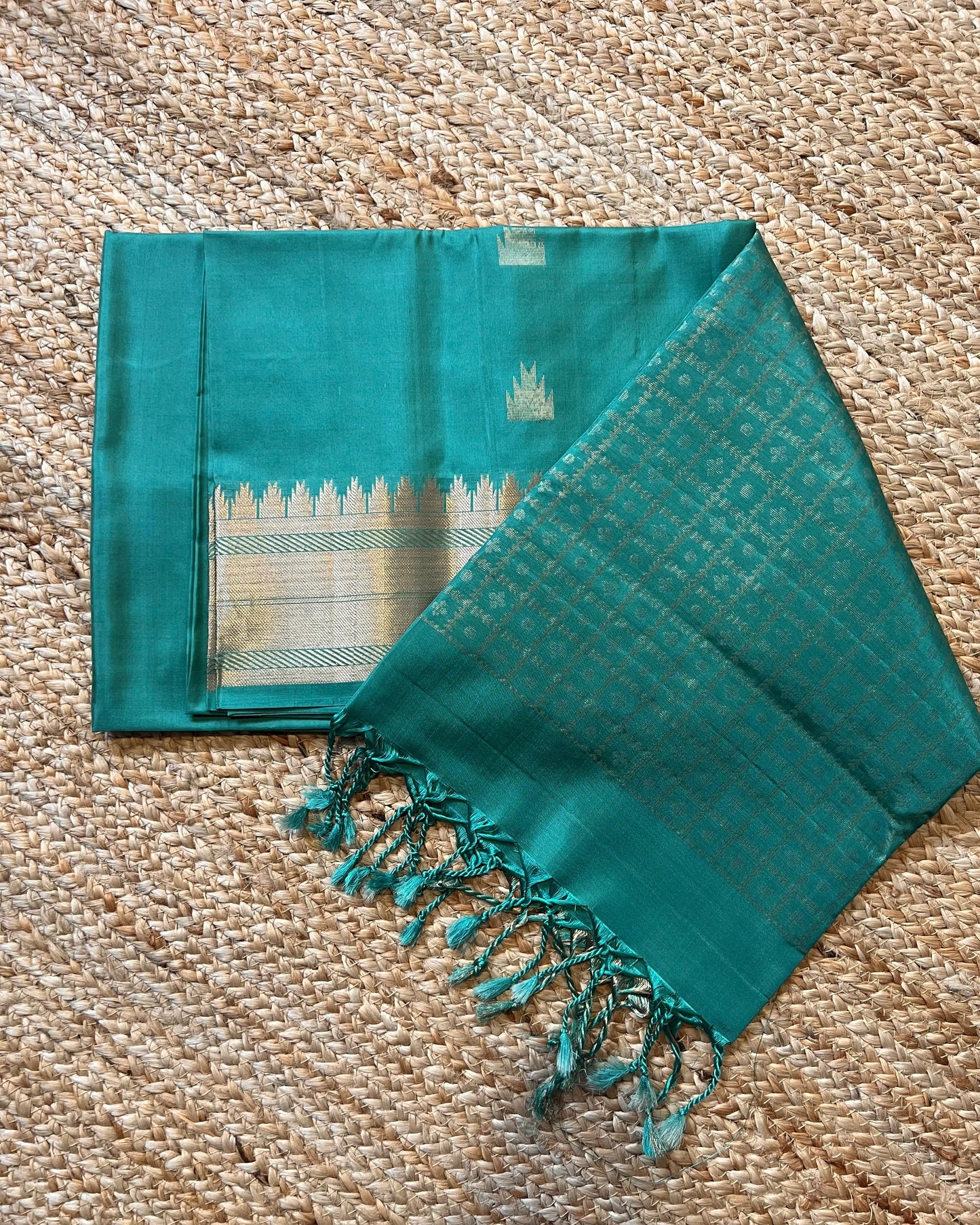 Teal Blue Kanchi Pattu Saree with Temple Butis