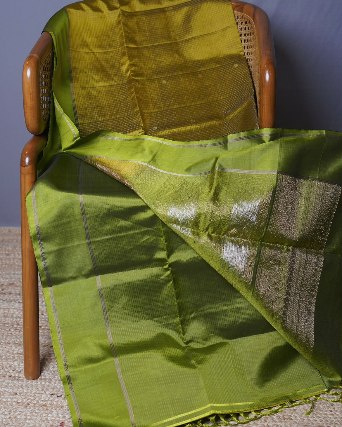 Mustard Yellow Kanchi Pattu Saree with Green Border