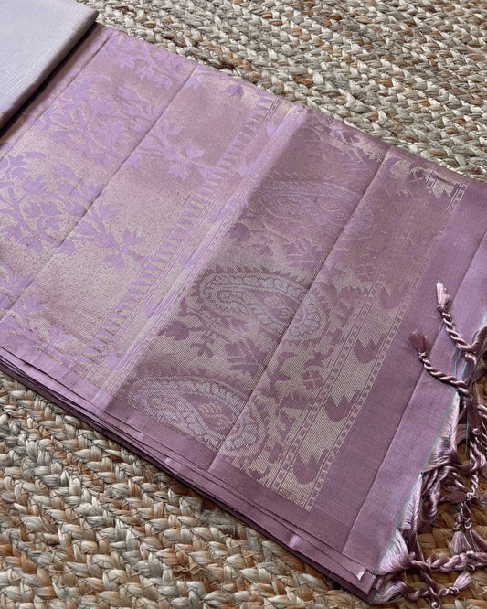 Off-white Kanchi Pattu with Lavender Mango Border