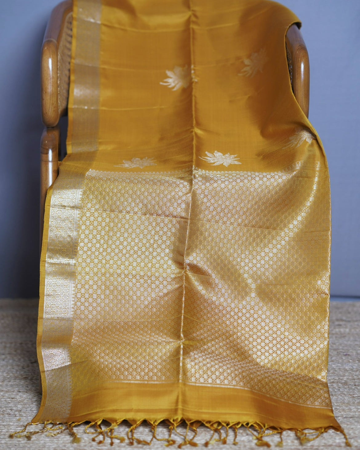 Mustard Yellow Kanchi Pattu Saree with Flower Butis
