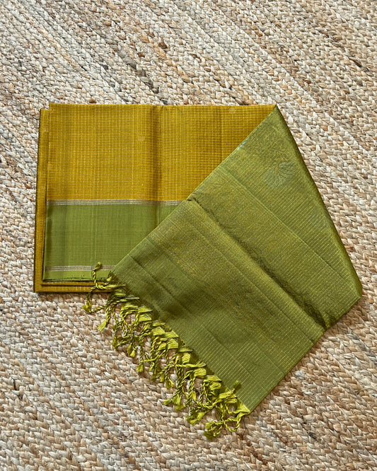 Mustard Yellow Kanchi Pattu Saree with Green Border