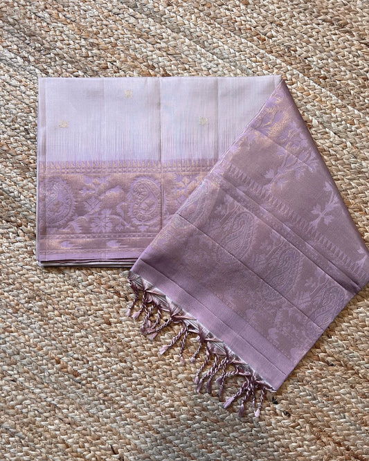 Off-white Kanchi Pattu with Lavender Mango Border