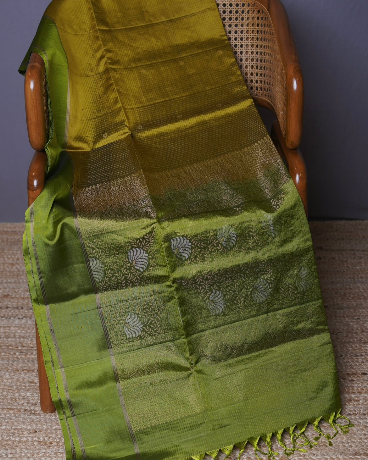 Mustard Yellow Kanchi Pattu Saree with Green Border